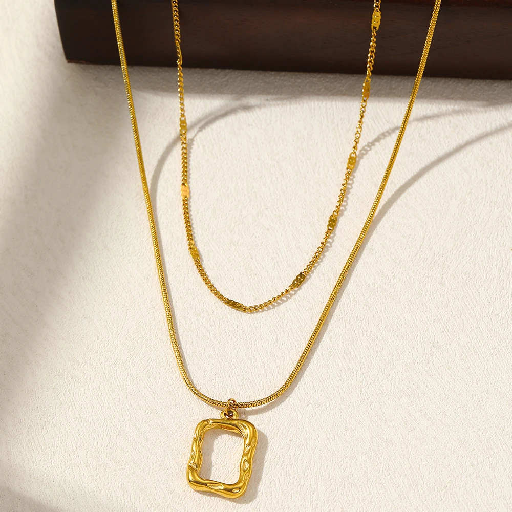 Stainless Steel Necklace Classic Fashion Openwork Square Pendant Layer Chain Necklace For Women Jewelry Party Personalized Gifts