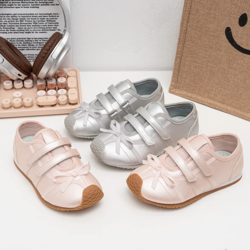 New Cute Toddler Girls Mary Jane Flats Satin Bow Double Strap Lightweight Breathable Princess Shoes for Party Daily Wear