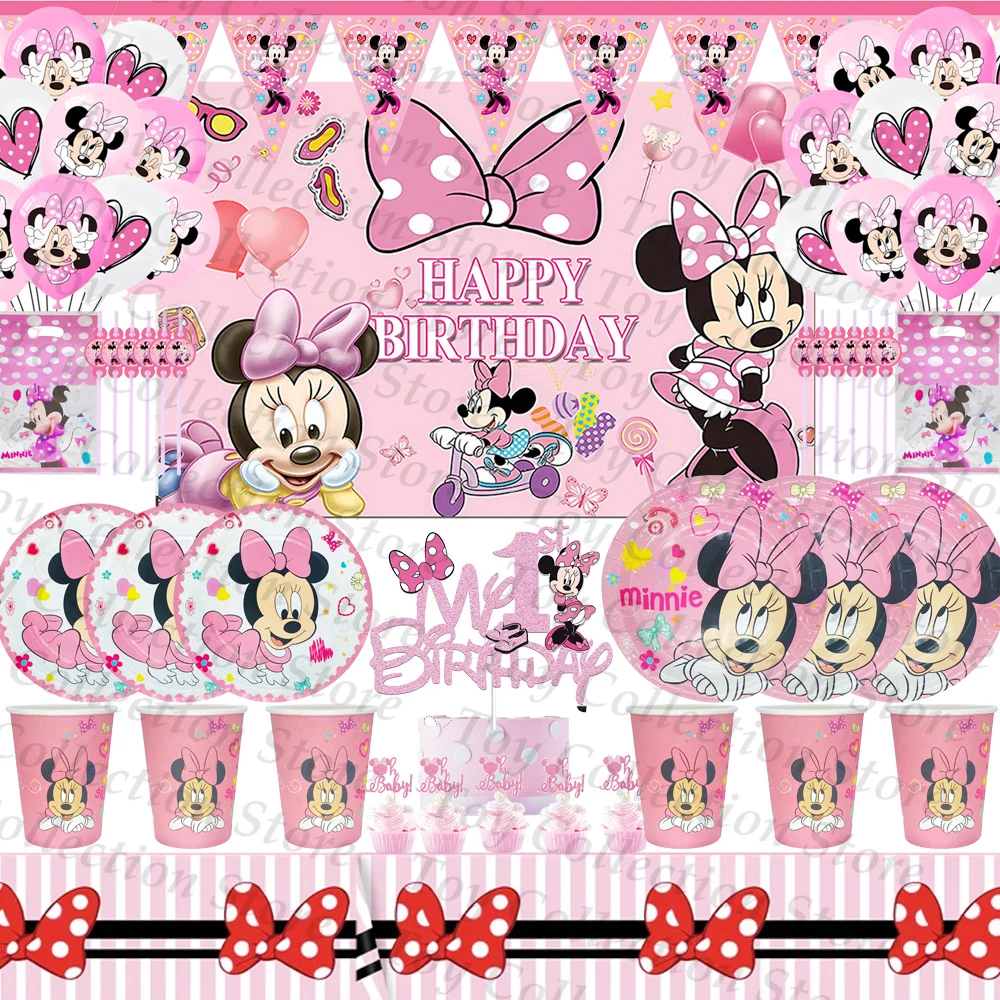 

Minnie Mouse Mickey's Girlfriend Children's Birthday Decoration Tableware Cups Plate Family Event DIY Party Supplies Baby Shower