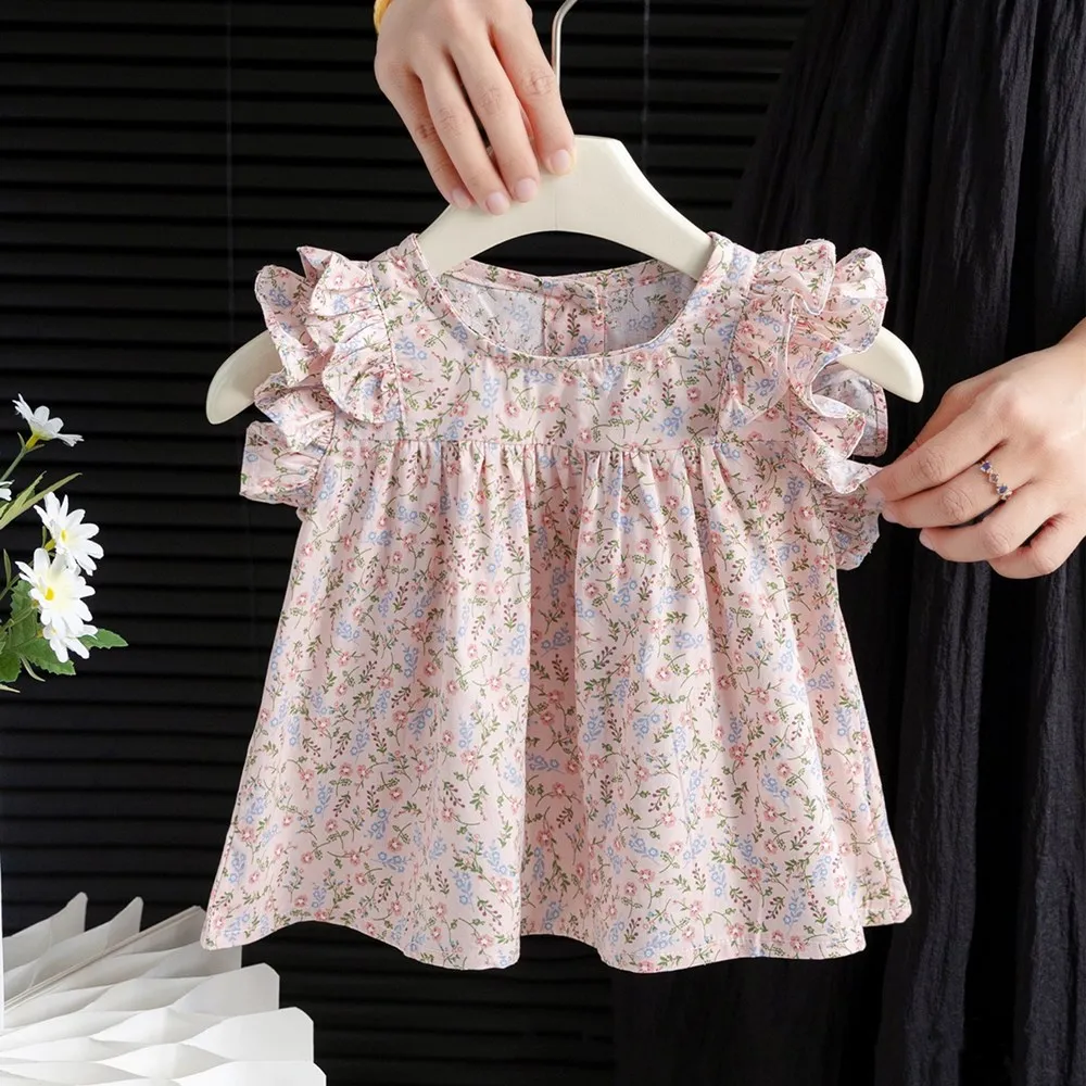 

Летняя одежда для маленьких девочек, детские топы, милая футболка с летающими рукавами и цветочным узором