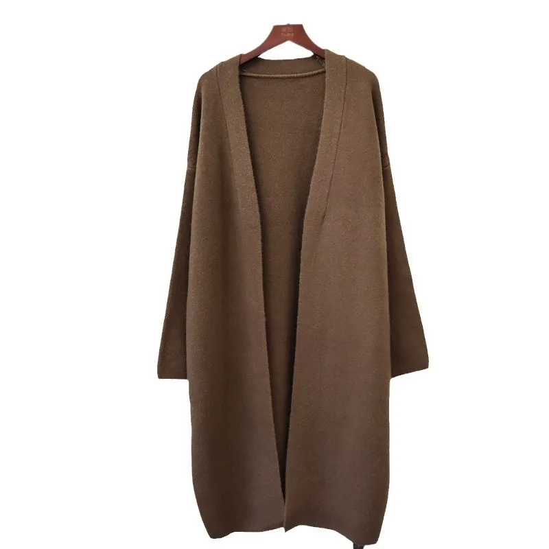 Women Knitted Long Cardigan Jumpers Solid Sweaters Mid Length Full Sleeves Loose Y2k Open Stitch Casual Office Lady 2025 Autumn