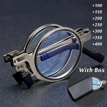 Óculos de leitura dobráveis portáteis homens metal redondo quadrado anti luz azul óculos presbiopia armação dioptria + 1.0 a + 4.0