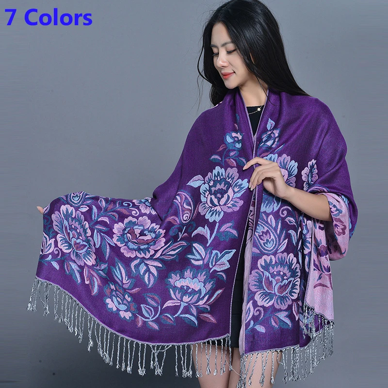 

Purple/Fuchsia/Red Colors Women Warm Scarf National Flower Lady Cashmere Long Tassel Shawls National Female Blanket Autumn Wraps