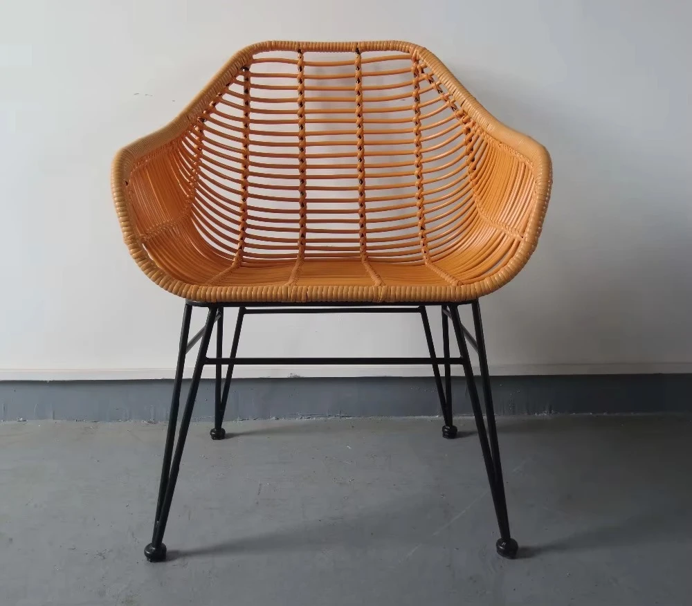 mf-Foshan Factory Wholesale Cheap Price Black Metal Wire PE Rattan Arm Side Dining Chair Outdoor Garden Armchair for Restaurant·