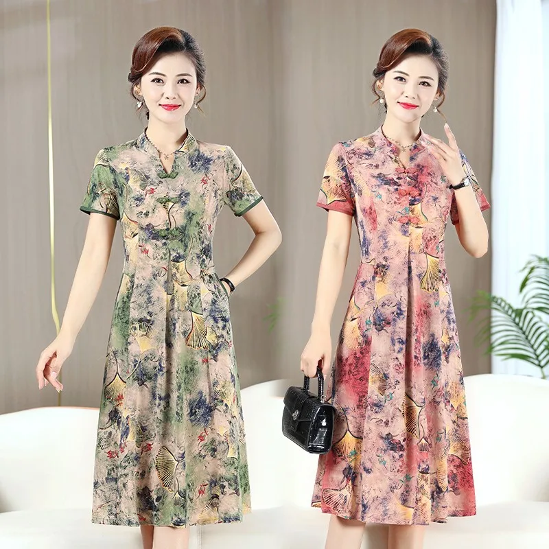 

Middle-aged Mother Sundress Women Summer Clothing New Fashion Printed Dress Loose 4xl 5XL Female Knee-length Dresses