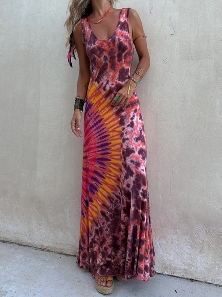 Sexy Bandage Backless Hollow Long Dress Elegant U Neck Hollow Tank Boho Dress Women Fashion Tie-dye Print Sleeveless Party Dress