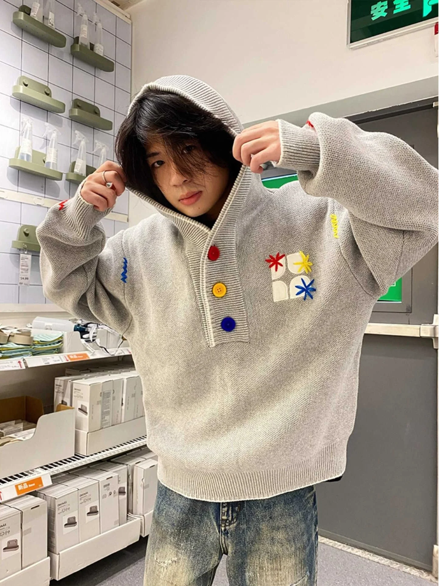 

Dopne adient Hooded Knitted Sweater ex Warmth Embroidery Design Faionable Autumn Winter Outerwear Polyester Fiber