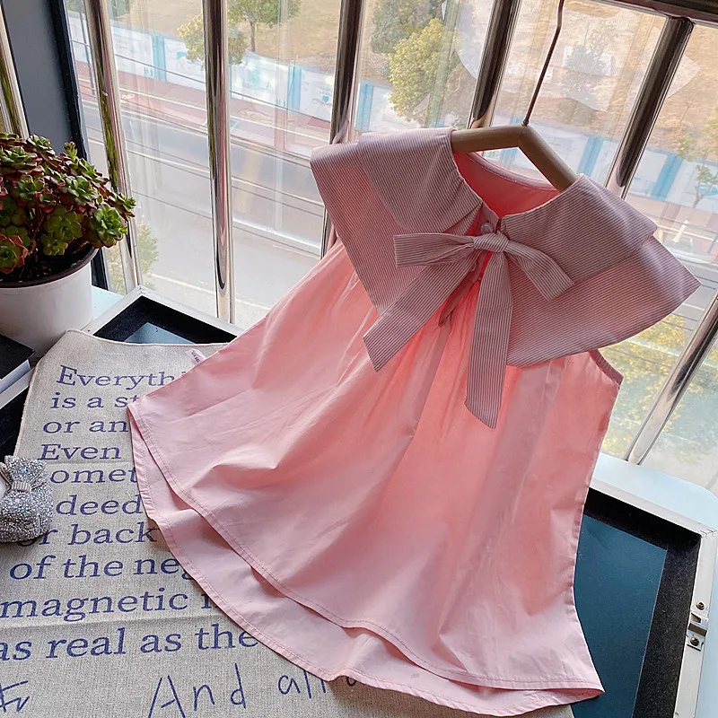 Gaun Anak Perempuan Pakaian Musim Panas Gaun Rompi Ruffle Kerah Ganda Merah Muda Gaun Putri Tanpa Lengan Anak