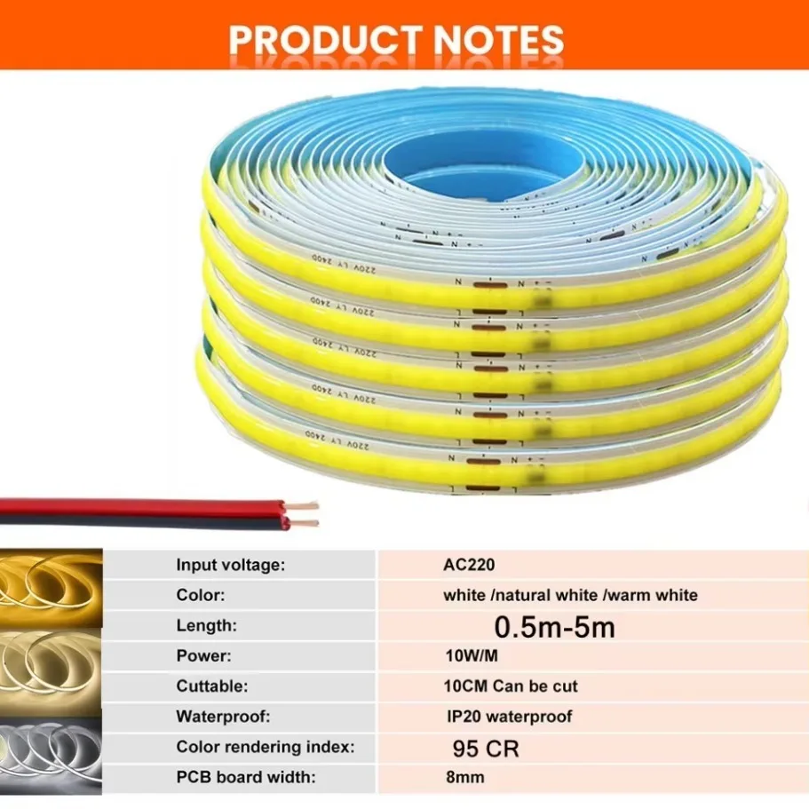 1-5m COB LED Light Strip 220V Flexible Tape Lights Smart IC No Need Driver Linear Lighting High Bright 240 LEDs RA95 Warm White