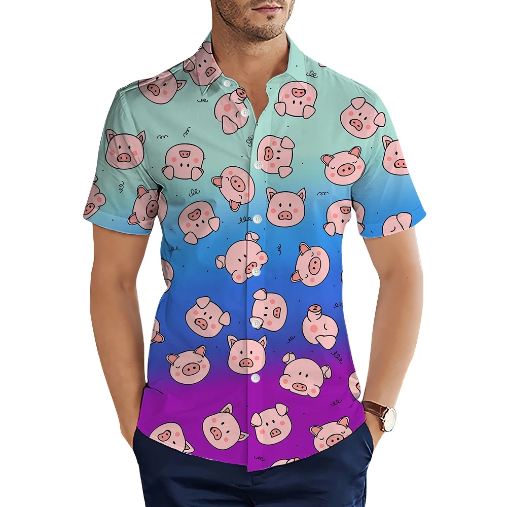 

CLOOCL Men's Shirts Men Hawaiian Casual Button Shirts Cute Pig 3D Printed Graphics Short Sleeve Beach Blouses Tops Camicias