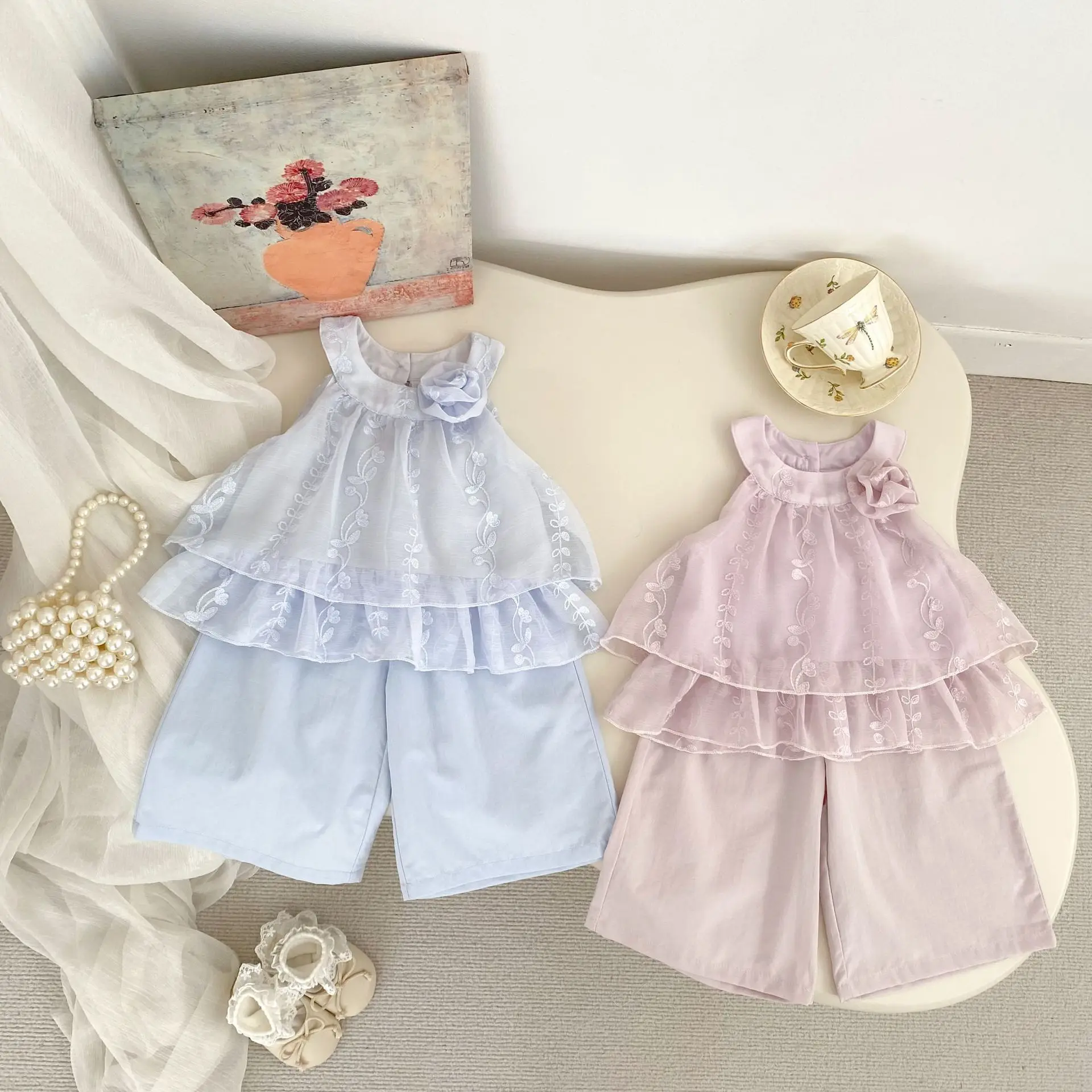 

2026 Summer New Girls Sleeveless Clothes Set Baby Girl Sweet Embroidery Mesh Tops + Wide Leg Pants 2pcs Suit Kids Outfits
