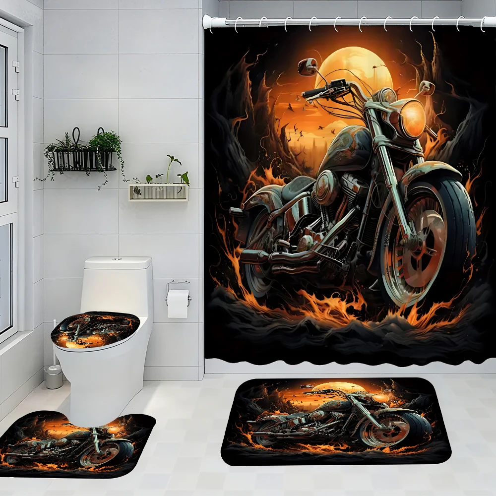 

4pc Post-apocalyptic motorcycle bath curtain set, 2D flat printing bathroom partition curtain, modern home curtain decoration