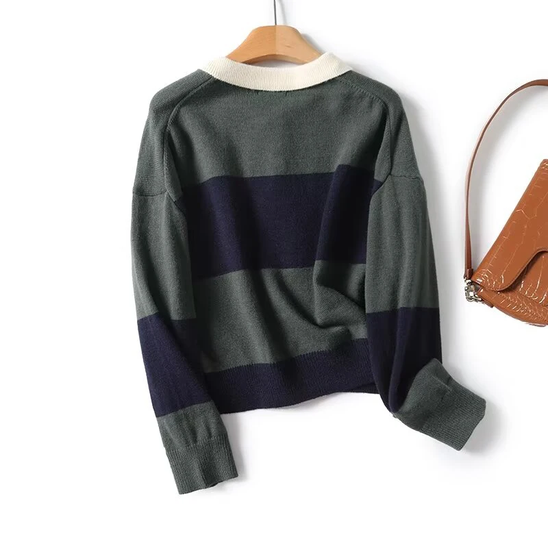 Autumn Women Polo Collar Striped Knit Pullover Long Sleeve Casual Short Sweater