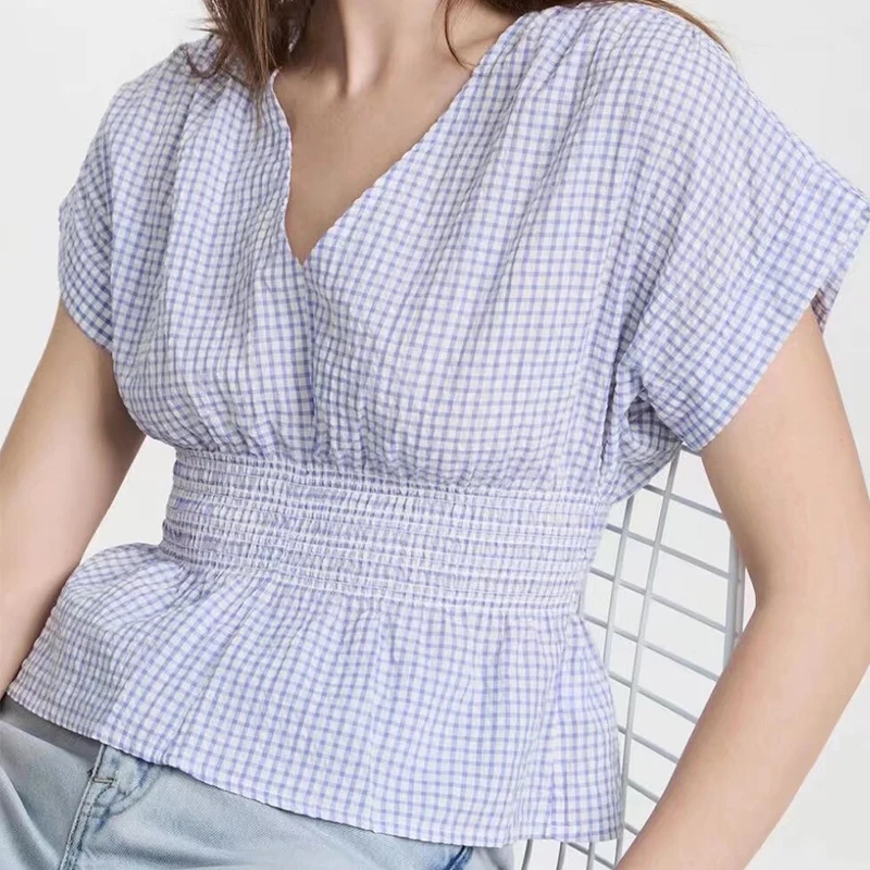 

Summer 2025 Women's Plaid Bubble irt Waist Cinched Gathered V-Ne Top Casual Commute Sle Polyester Fiber ort Sve