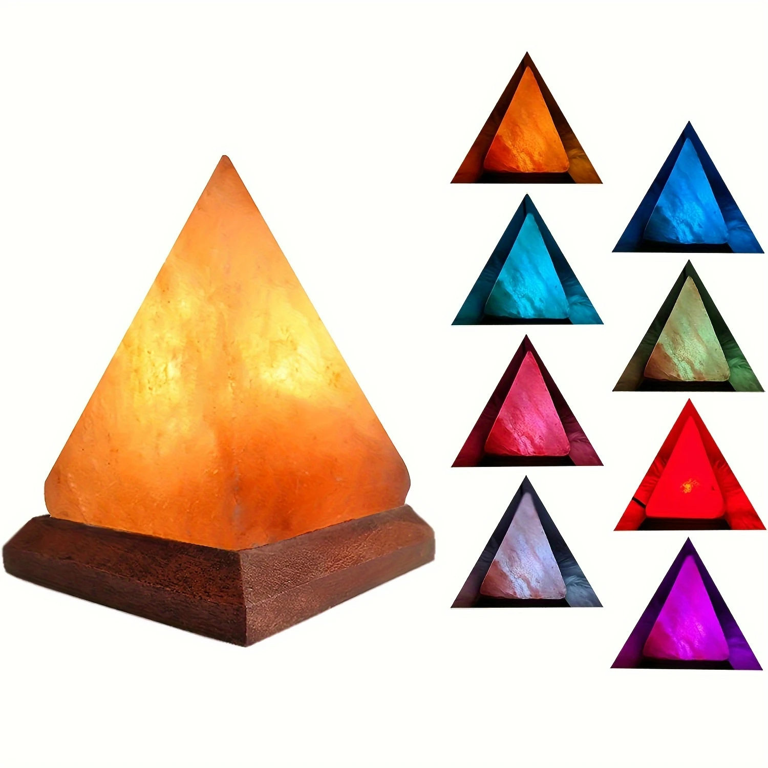 

Natural Hand Carved Genuine Wood Base USB Himalayan Salt Lamp - Pyramid Crystal Salt Rock Lamp with 8 Colors Changing for Office