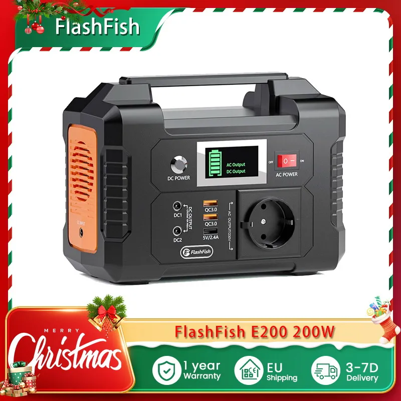 FlashFish E200 200W Portable Power Station, 151Wh 40800mAh Lithium Battery, 1x Pure Sine Wave AC220V Output for RV Camping