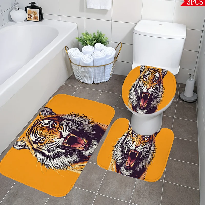 

Tiger Print Bath Set Three Piece Mat Toilet Lid Cover and U Shaped Rug Soft Flannel Non Slip Surface for Bathroom Decor