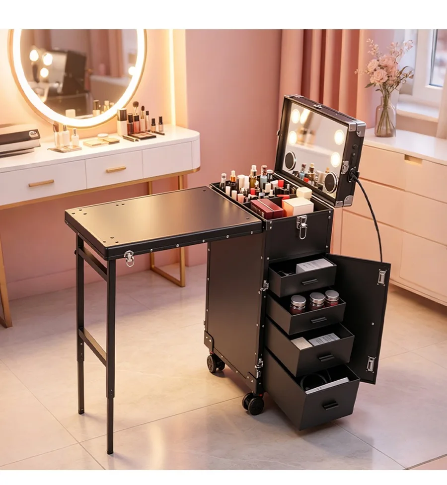 Multifunctional Makeup Jewelry Toolbox with Wheels Table Large Aluminum Nail Hairdressing Trunk with Locks Mirrors Bluetooth