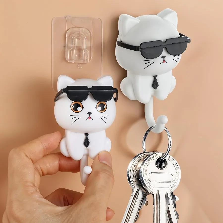 Puh الحرة لطيف مفتاح حامل للجدار القط السنانير الحائط لطيف القط خطاف المفاتيح 2 قطعة القطط الكرتون في النظارات الشمسية الجاذبية هوك لاصق C #6