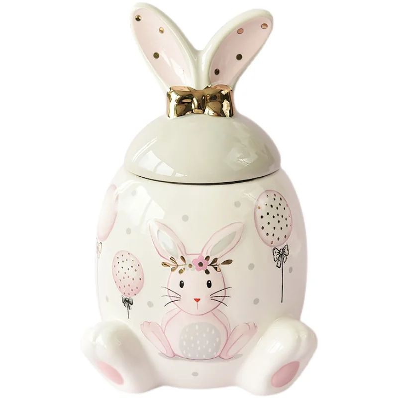 Ceramic Rabbit Candy Snack Storage Jar, Cute Pink Sculpture, Home Decor, Living Room Dried Fruit Jar, Kitchen Food Container