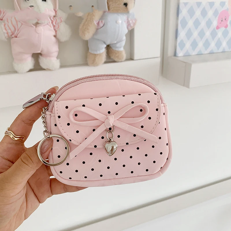 Women Polka Dot Bow Coin Purse Mini Zipper Wallet With Key Ring Korean Style Small Card Holder Pouch For Daily Use