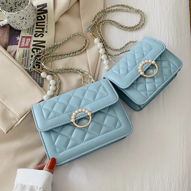 Brand Design Vintage Women Small Shoulder Bag Crossbody Bag Purse Girl Blue Black White Clutch Case Fashion Pearl Chain Bag