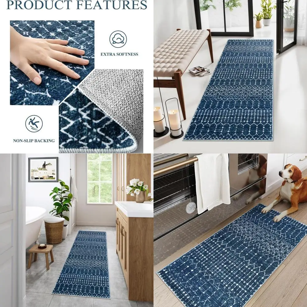 

Moroccan Runner Rugs for Hallways, 2x4 Bathroom, Non-Slip, Small Throw for Kitchen, Low Pile Mat for Entryway and Laundry, Geome