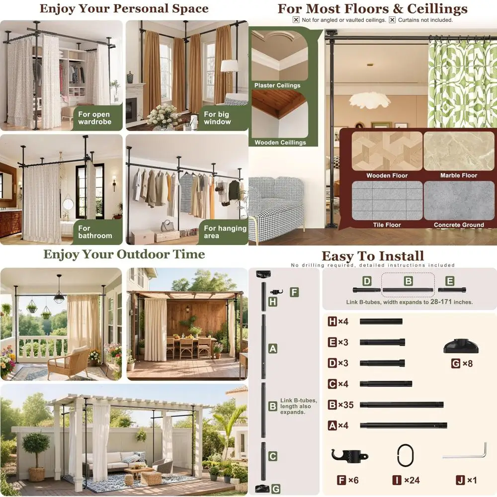 

Отдельностоящий перегородка, регулируемый экран конфиденциальности, без сверла, высота 4–10 футов, ширина 28–171 дюйма, черный