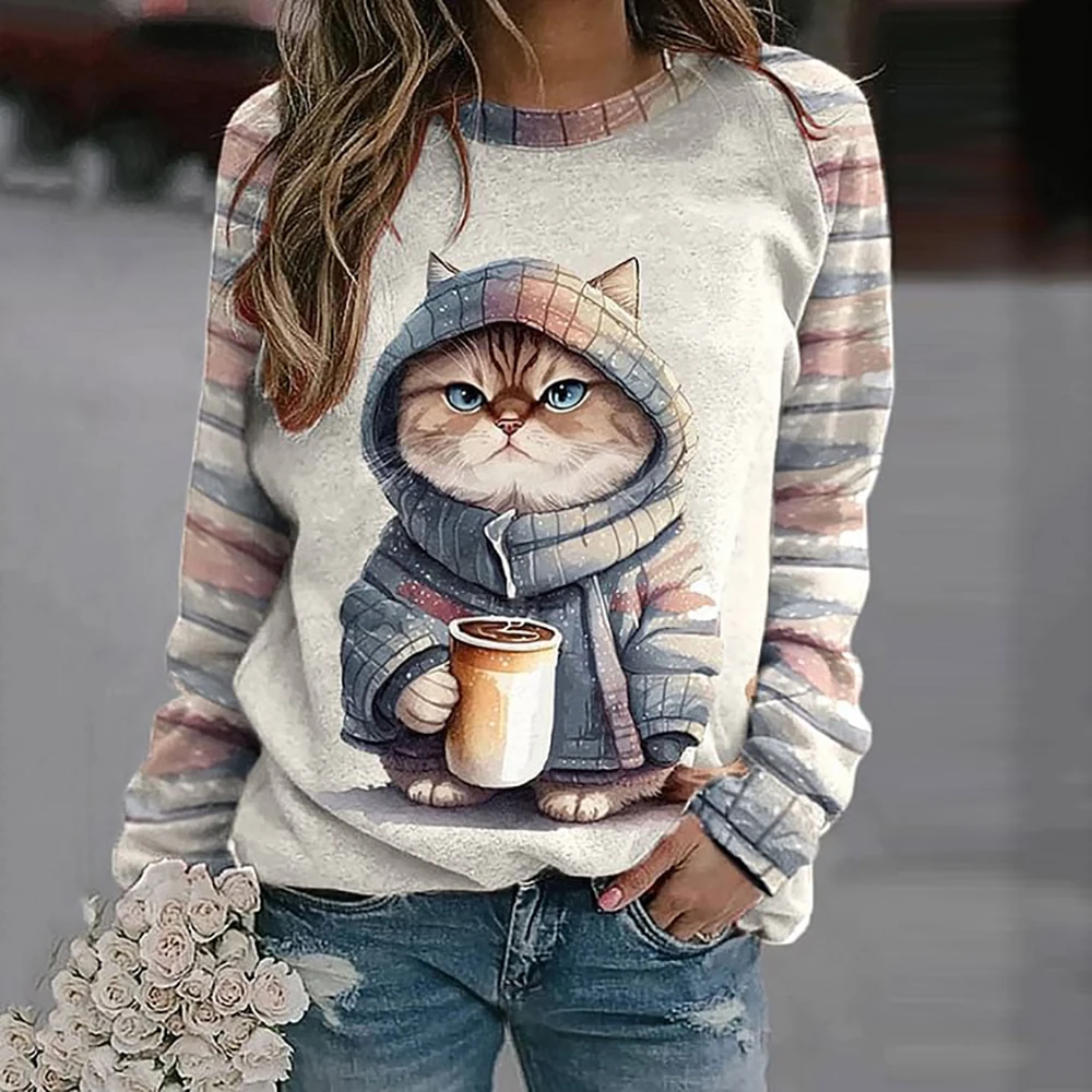 T-shirt a maniche lunghe in cotone per donna Divertenti felpe con stampa di animali gatto Kawaii Felpa da donna con pullover con o-collo carino