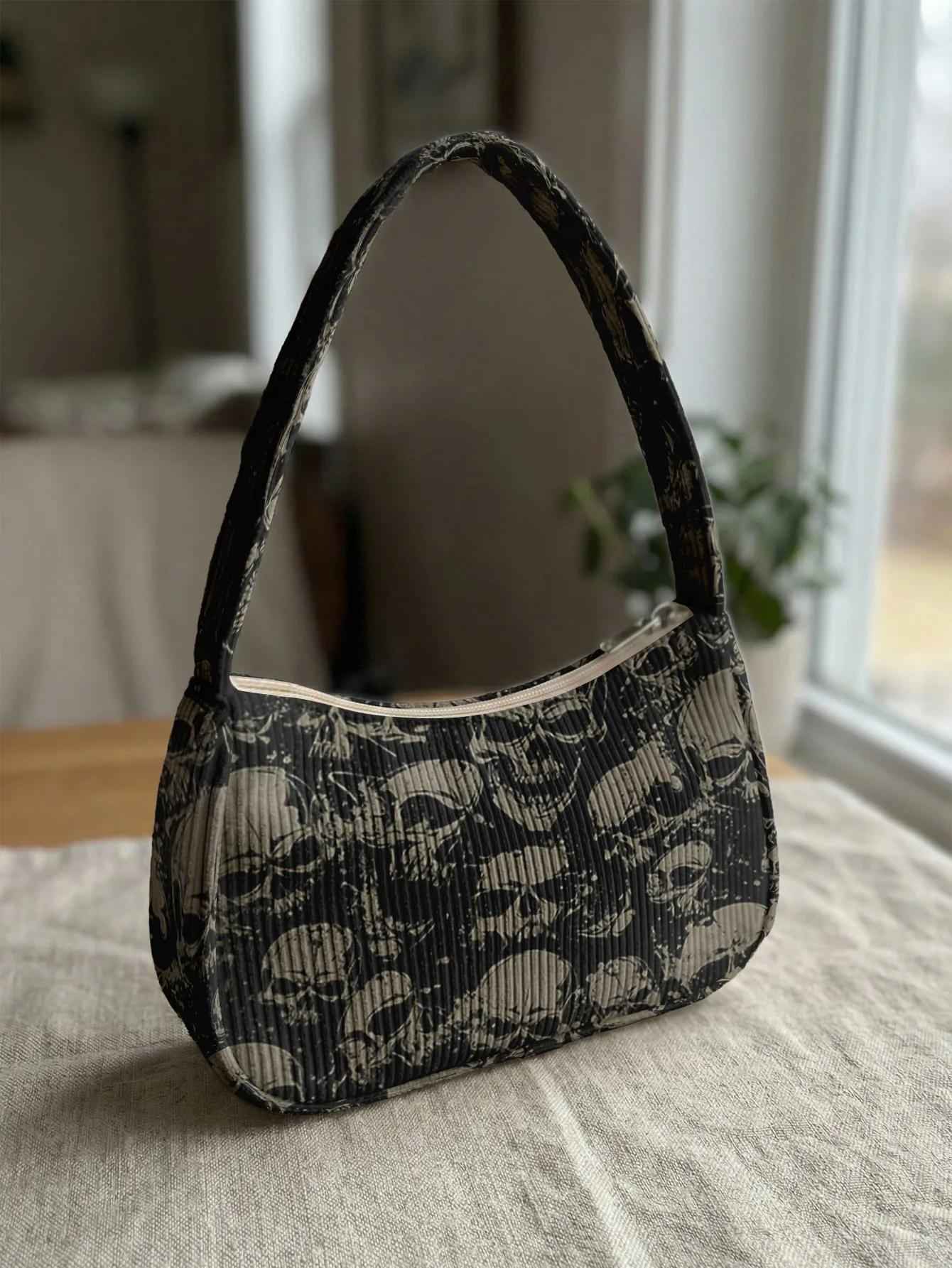 

Trendy Gothic Skull Print Shoulder Bag, Edgy Black Corduroy Underarm Bag