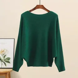 Long sleeved knitted sweater for women loose slimming in autumn and winter bat sleeve pullover western-style sweater base shirt