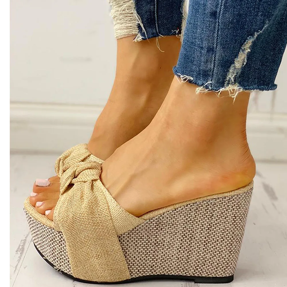 Bow Tied Slip on Leisure Platform Summer Sandals 2023 Wedges High Heels Women Shoes Woman Mules Flip Flops Plus Size 43