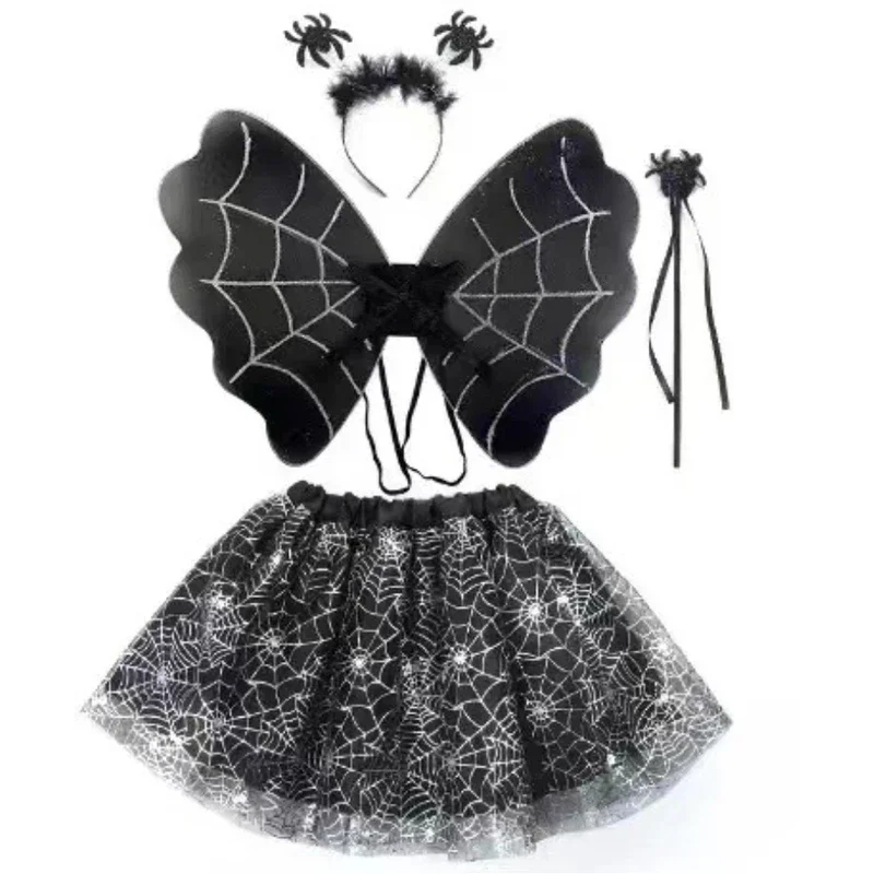 Children Girl Spider Web Tutu Cobweb Skirt Witch Wizard Hat Suit Party Outfits Up Costume Cosplay Halloween for Women Adult