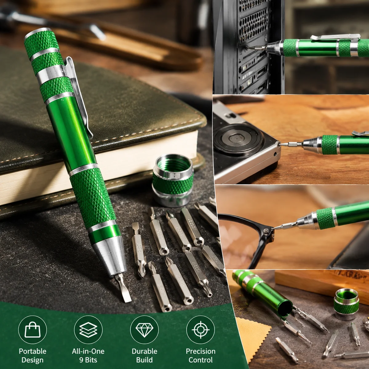 8-in-1 Precision Screwdriver Set Green Aluminum Alloy Pocket Repair Tool with Interchangeable Bits