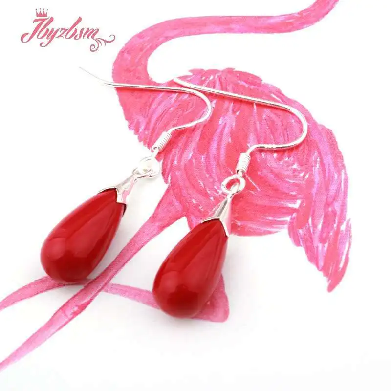 8x15mm Manmade Coral Red Olivary Shape Stone Tibetan Silver Hook Fashion Style Earrings For Woman Christmas Gift 1 Pair