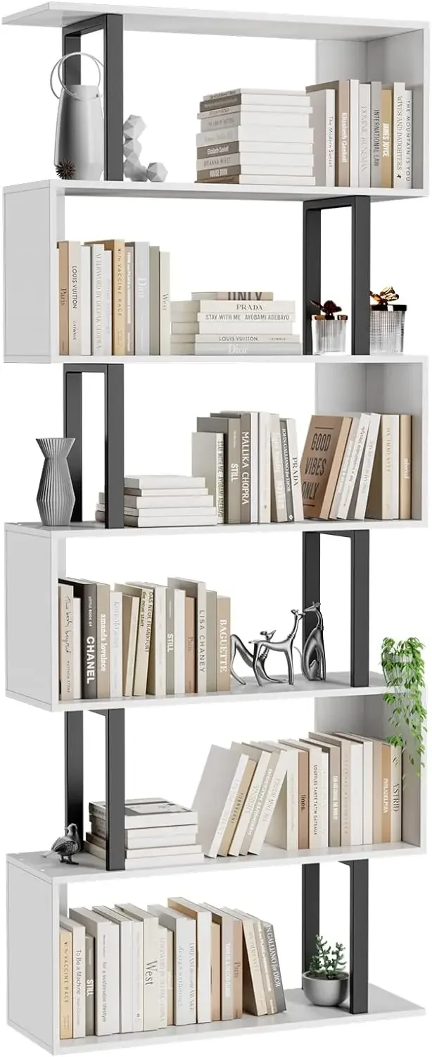 

6 Tier Geometric Bookcase,S Shaped Bookshelf, Wood Decorative Storage Shelving, Modern Freestanding Display Shelves White