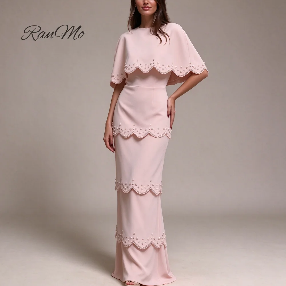 Customizable RanMo Light Blush Round Neck Capelet Evening Gown Scalloped Pearl Beading Mermaid Floor Length Formal Party Dress