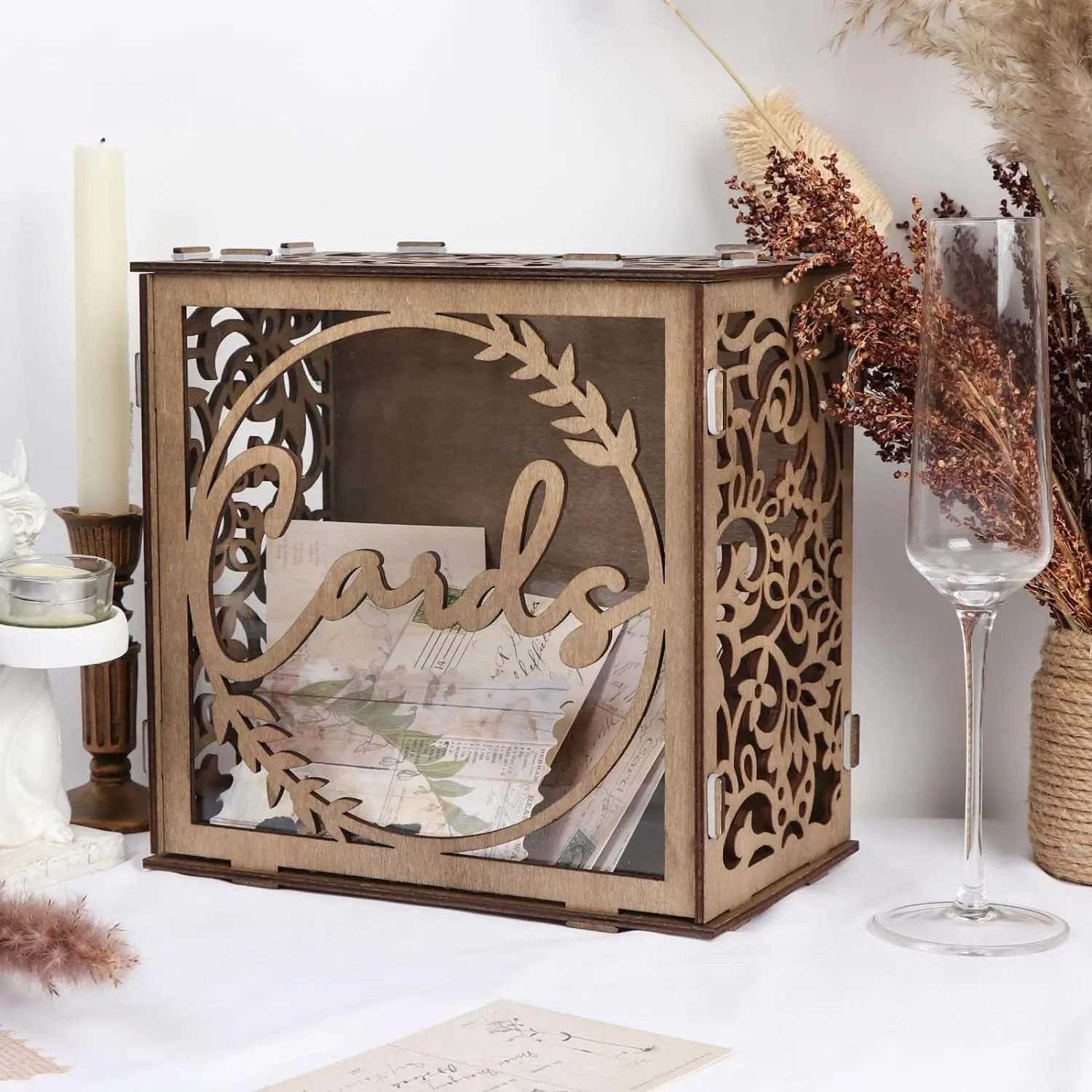 Wooden Wedding Card Box Gift for Reception, DIY Wedding Envelope Money Card Box for Wedding Decorations