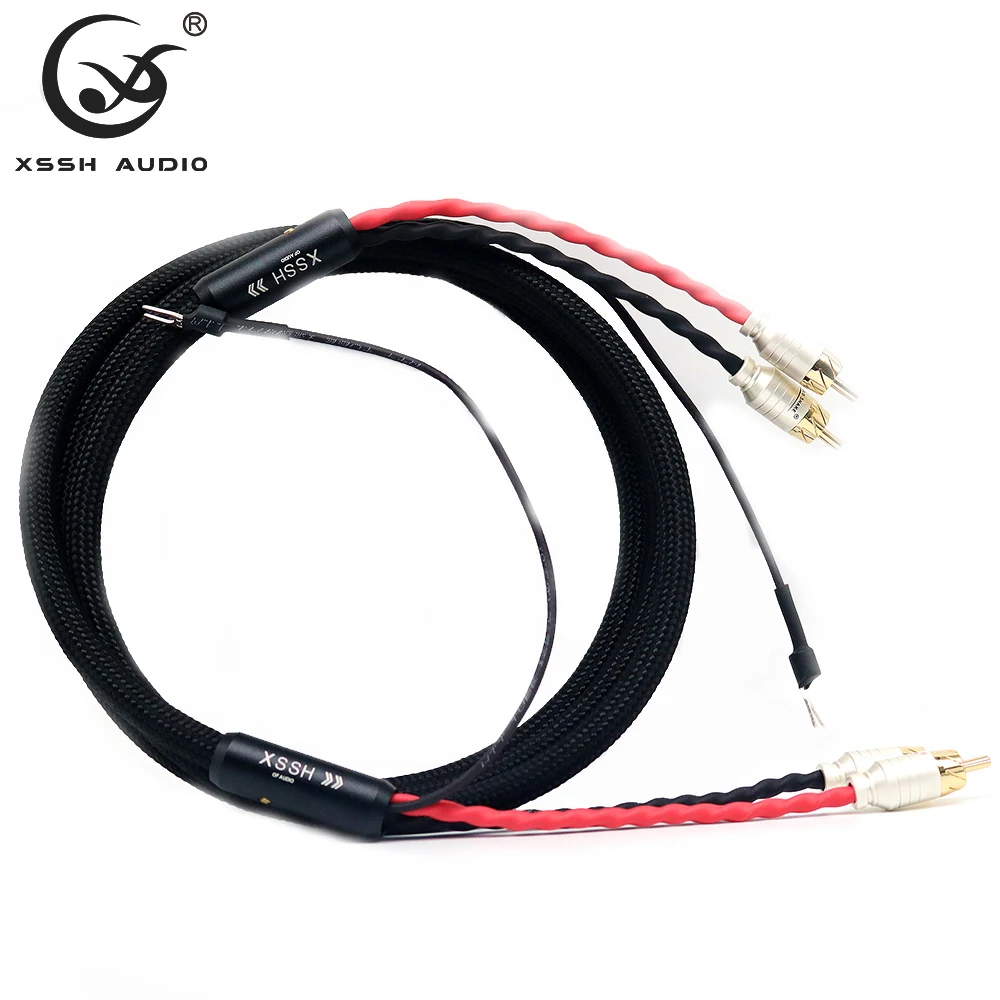 XSSH DIY OEM 4 Core Pure Copper OFC Plated Silver Shield 2RCA to 2RCA Ground U Spade Ground Wire plug Audio Phono Tonearm Cable