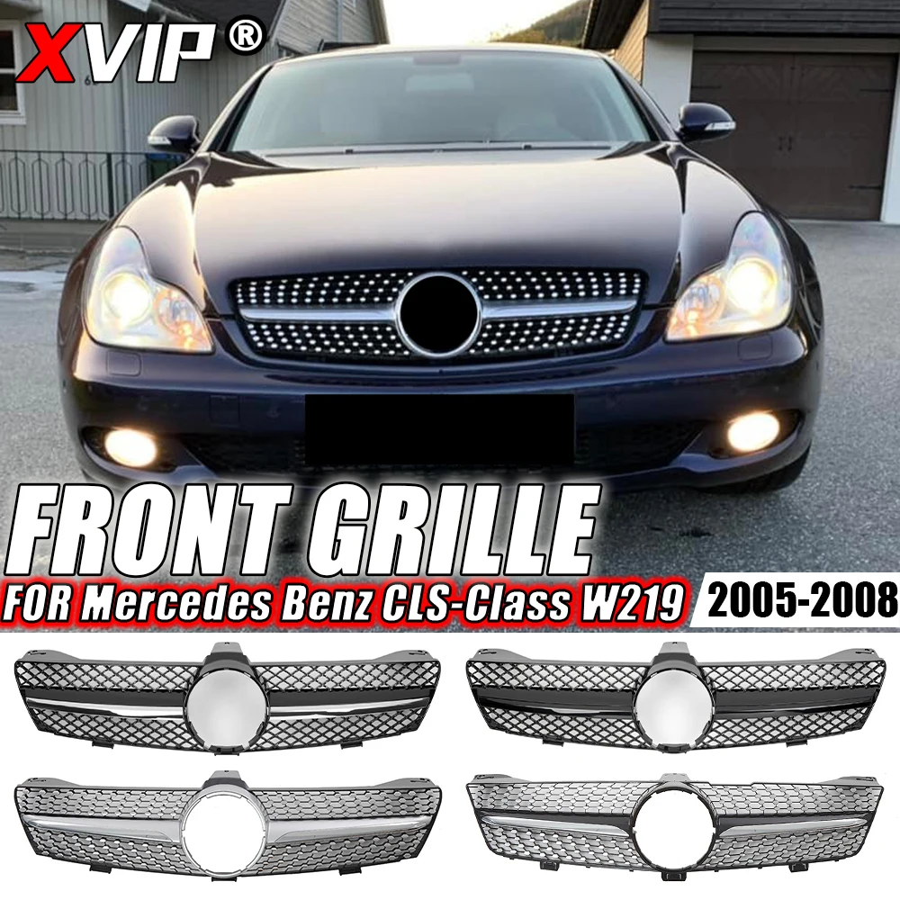 XVIP Chrome Silver Diamonds Style Bumper Grille For Mercedes Benz CLS-Class W219 CLS350 CLS500 05-08 AMG GTR Style Upper Grilles