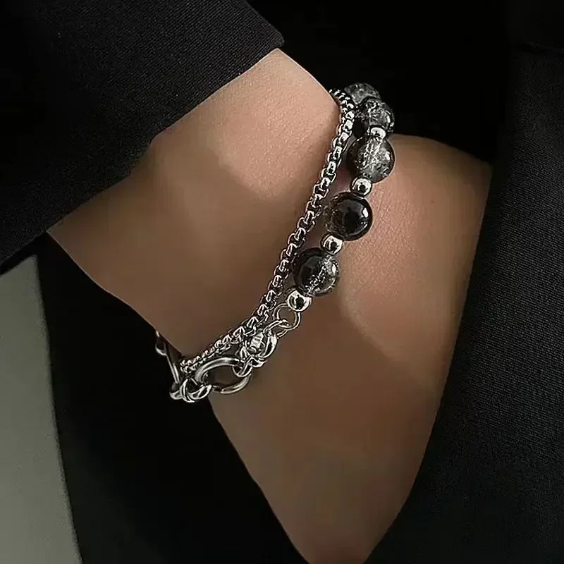 Mode Edelstahl Eis Rissige Perle Spleißen Armbänder für Männer Punk Stil Frauen Link Kette Layered Pulseras Schmuck