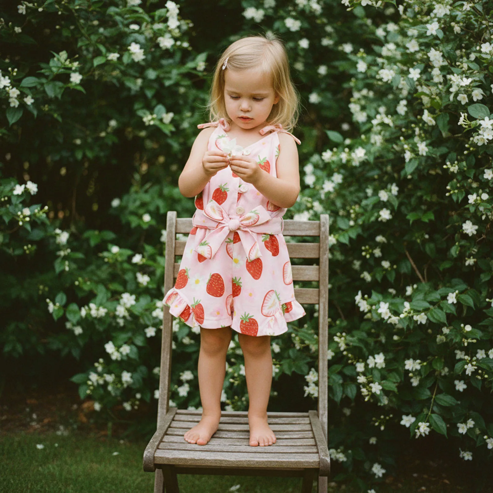 Toddler Kids Baby Girls Summer Casual Rompers Sleeveless Floral Strawberry Print Tie Shoulder Shorts Jumpsuits with Headband