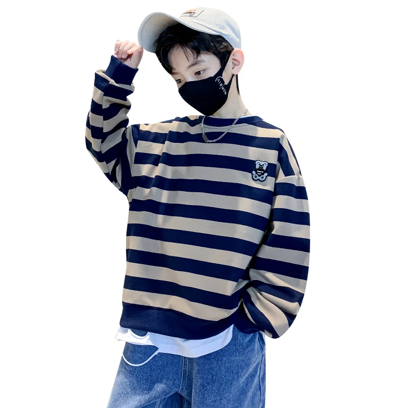 

Модный полосатый пуловер с круглым вырезом для мальчиков с вышивкой милого медведя, свободный крой, доступны в 2-х цветах, повседневная повседневная одежда.