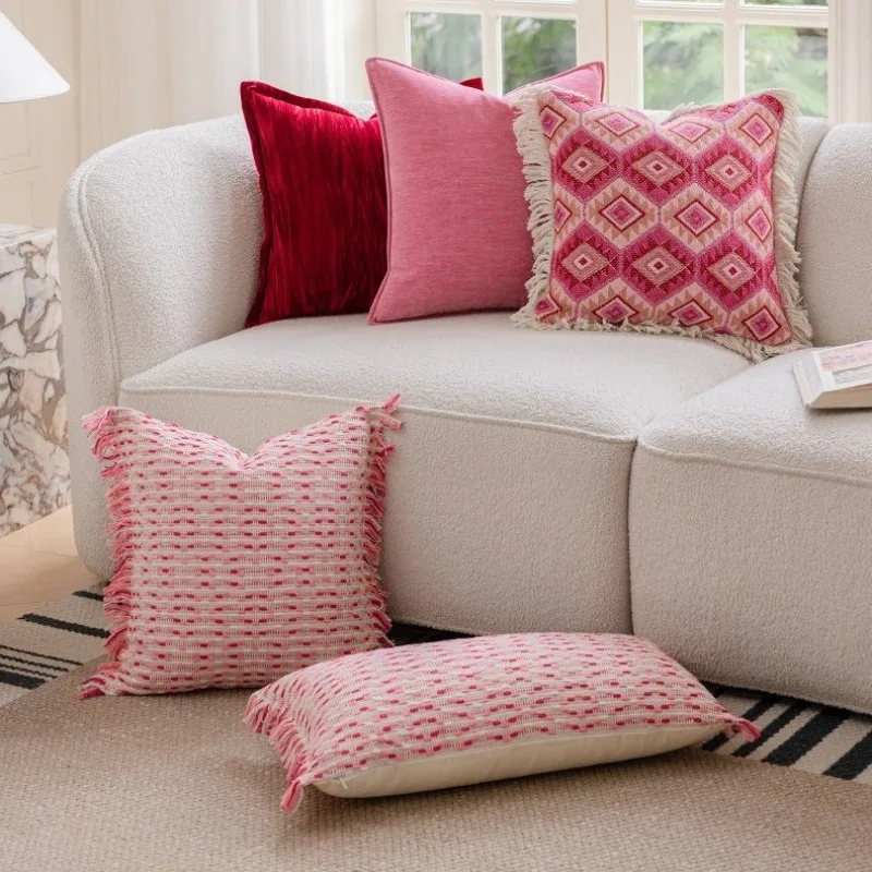 

Luxury Cream Pink Wool Blend Cushion Cover Texture Yarn Dyed Plush Pillowcase Sweet Soft Bedhead Sofa Pillow Cover Home Decor