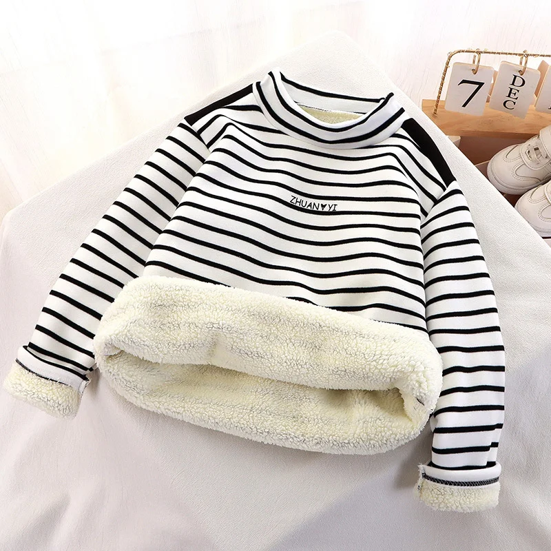 Boys Thick Stripes Sweatshirt Autumn Winter Girls Padded Plus Velvet Warm Pullover Big Kids Clothing Children Sportswear Coats