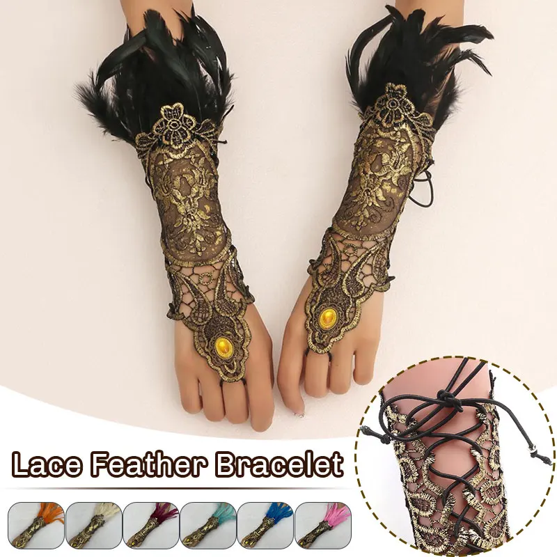 2 Pcs Lace Feather Long Gloves Gothic Mesh Sleeve Fingerless Gloves Embroidery Mittins Party Stage Performance Accessory