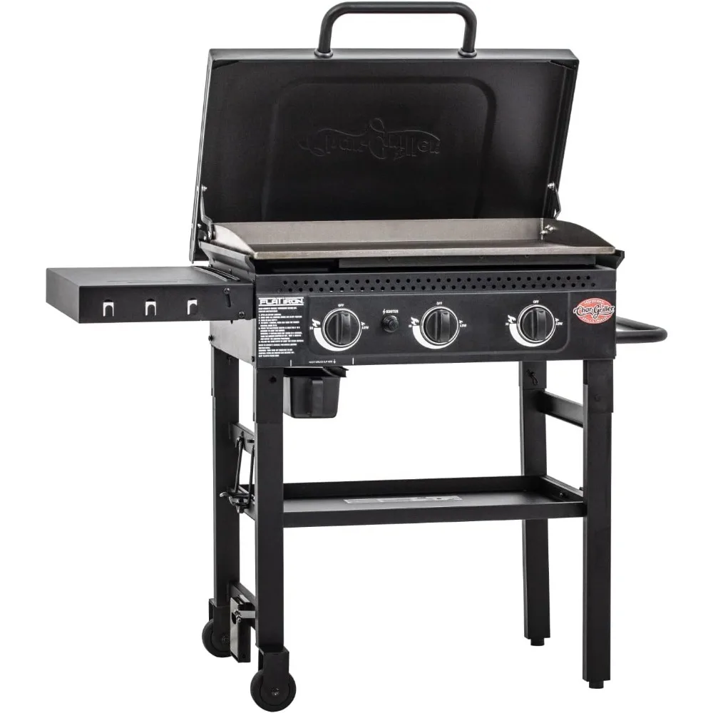 Flat Iron 3-Burner Propane Gas Flat-Top Griddle with Steel Griddle Top, Hinged Lid and Wind Guards, 520 Cooking Square Inches