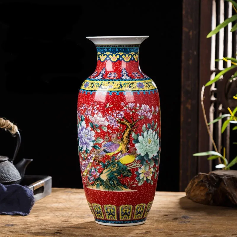 

Jingdezhen Enamel Ceramic Vase Chinese Style Study Living Room Decoration Desktop Flower Arrangement Vases Ornament Home Decor