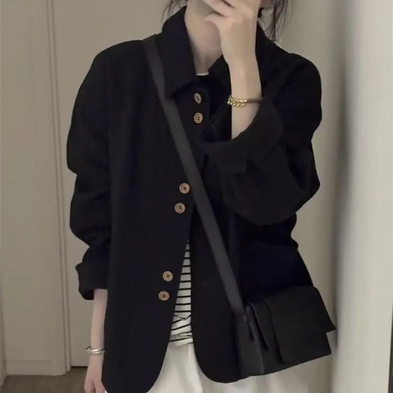 Retro Korean Style Short Jacket Black Collar Flip Casual Top Women's Spring Autumn Wear Polyester Fiber 100% Standard Fit