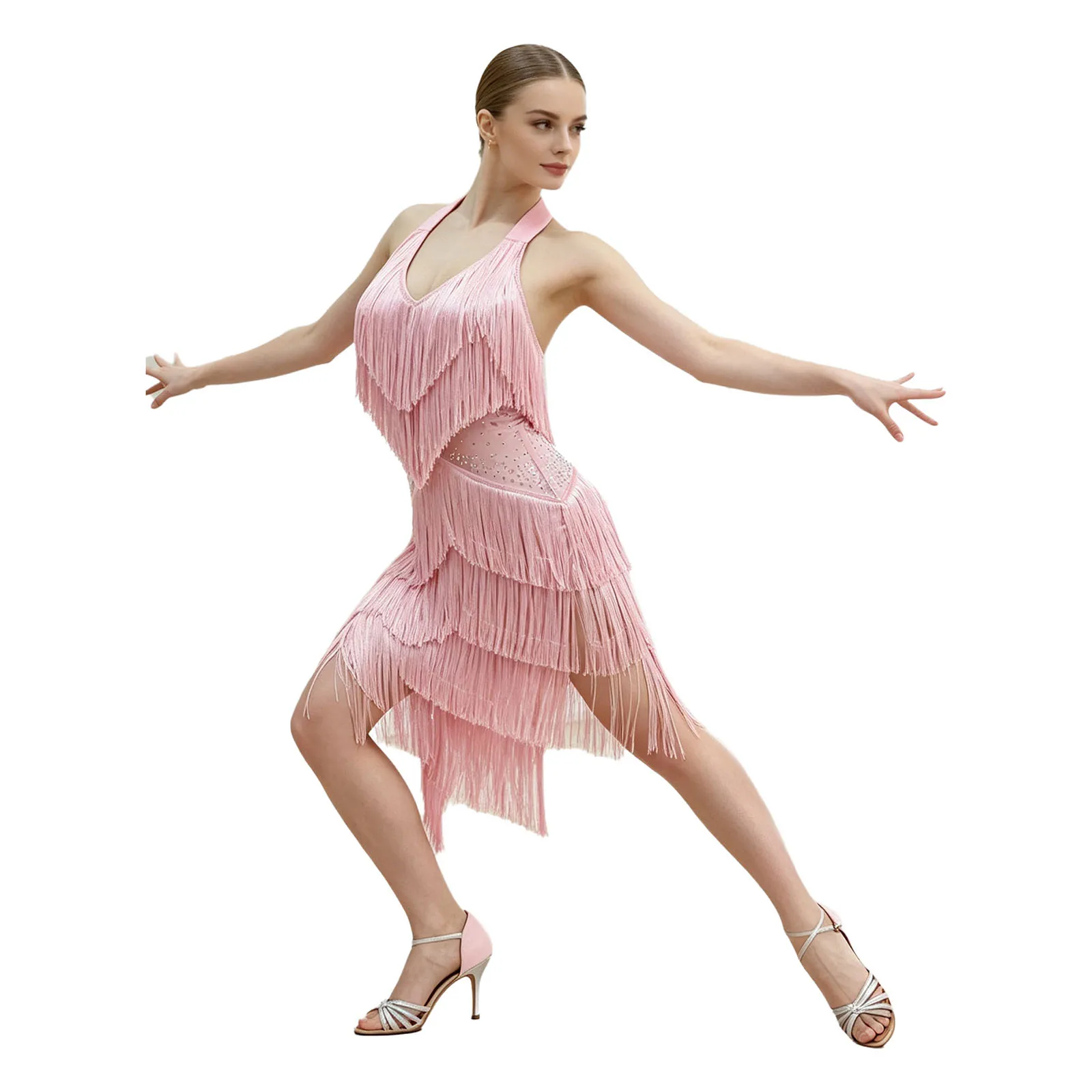 Damen Glitzerndes Strass-Fransen-Latin-Samba-Tanzkleid mit Halter-V-Ausschnitt, Königsblau, Asymmetrischer Quastenrock, Bühnenkostüm – Detail 20